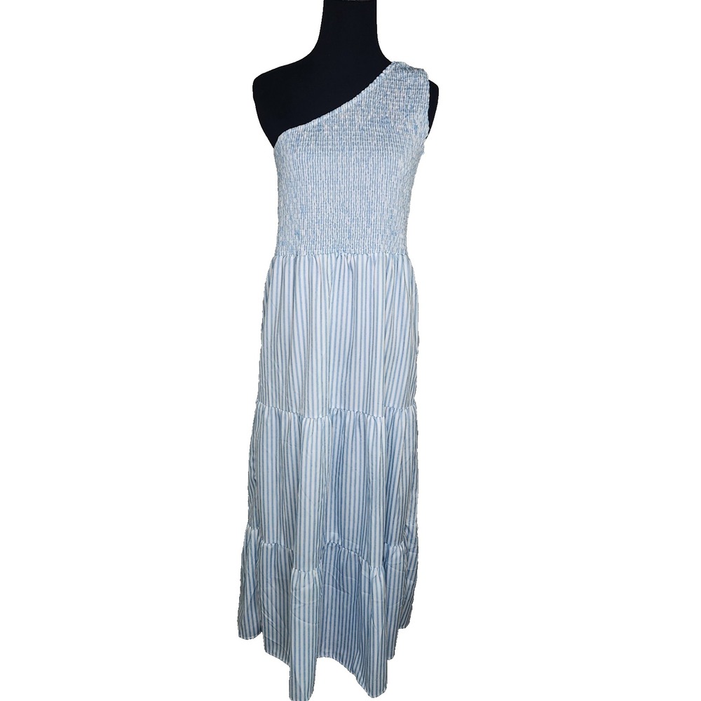 Smocked One Shoulder Blue & White Tiered Midi Dress Size L Preppy Party